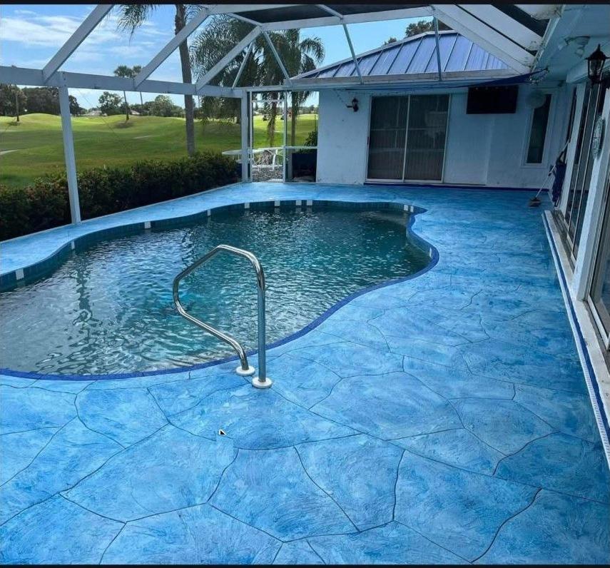 Blue flagstone pool deck